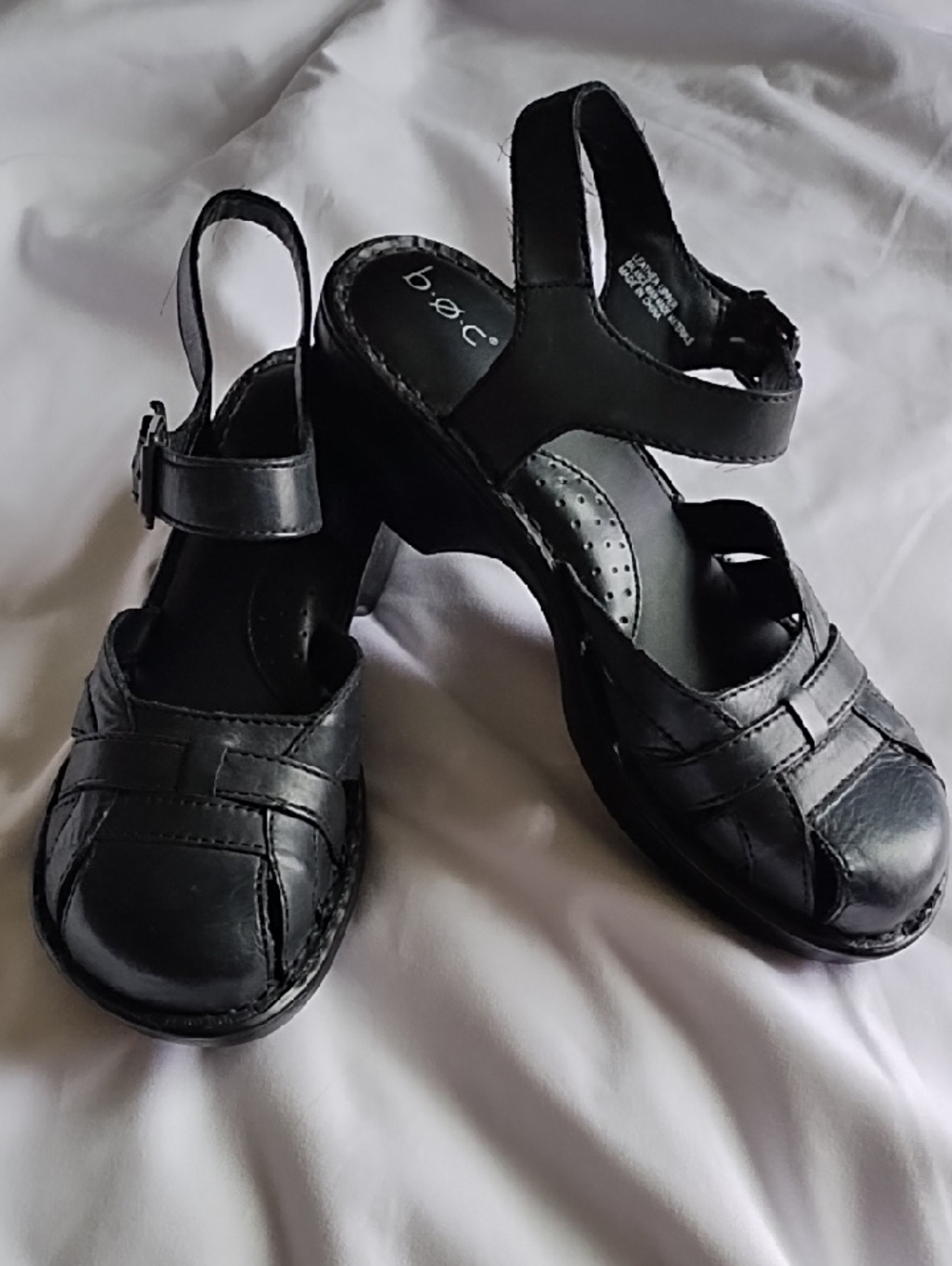 b.o.c. Black Leather Platform Slingback Heels